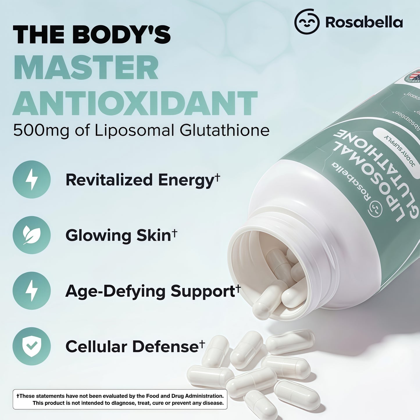 Rosabella Liposomal Glutathione 500mg – High Absorption Glutathione Supplement, Antioxidant Support, Cellular Health & Detox Support, 60 Capsules, 30 Day Supply, Daily Antioxidant Capsules