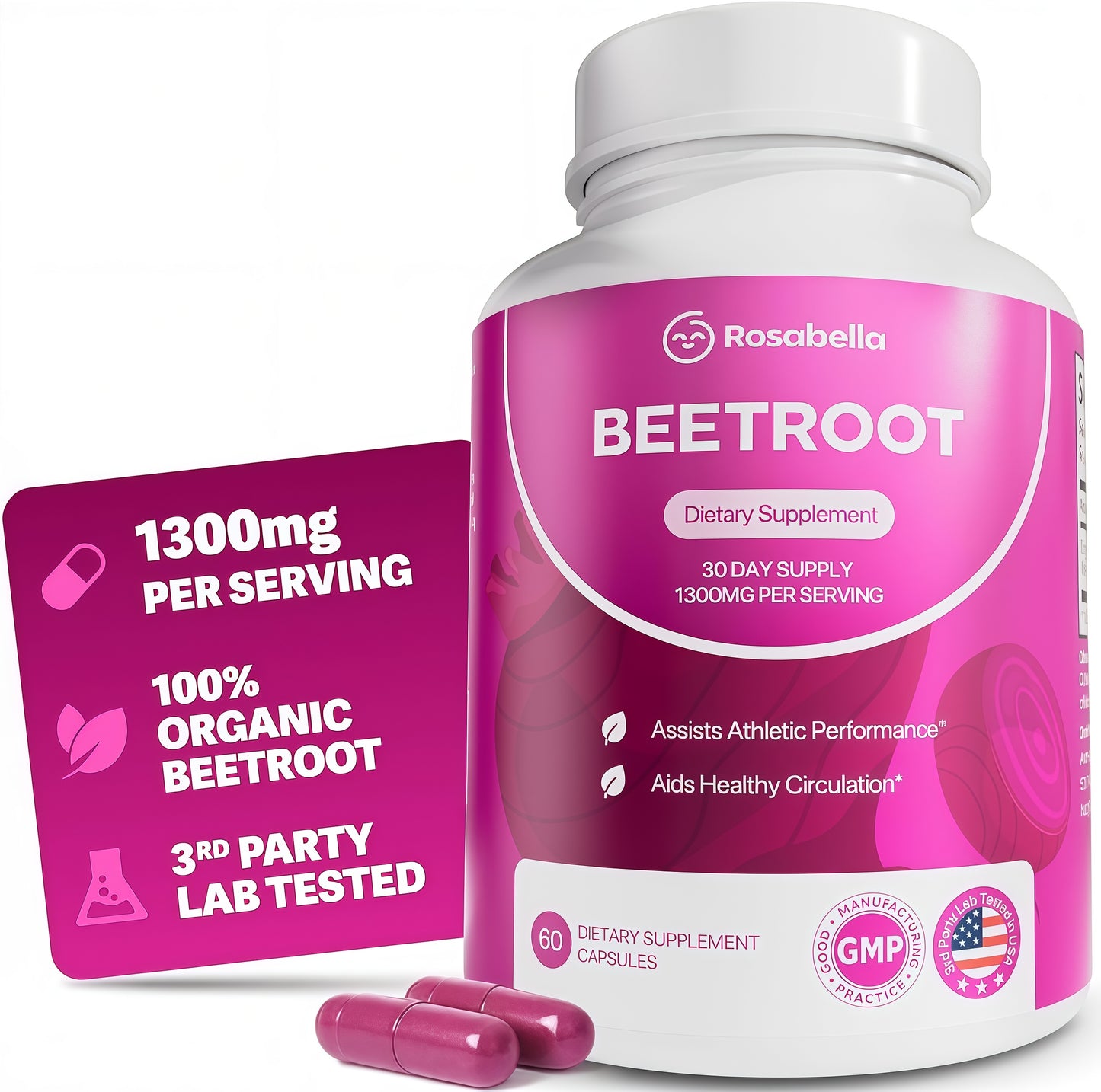 Rosabella Organic Beet Root Capsules - 1300mg Beet Root Powder Aids Healthy Circulation & Vitality, Non-GMO, Beet Root Supplement - 60 Capsules, 30-Day Supply