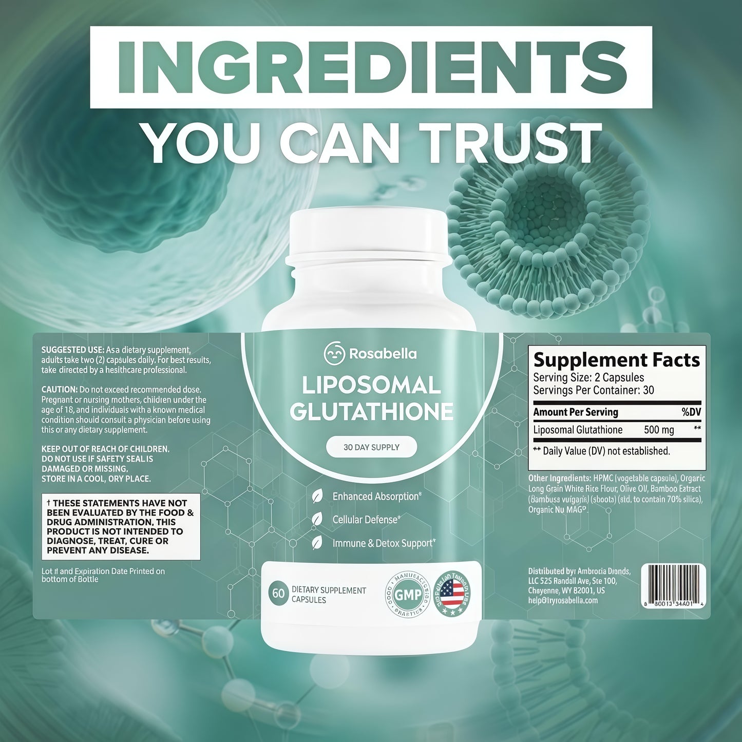 Rosabella Liposomal Glutathione 500mg – High Absorption Glutathione Supplement, Antioxidant Support, Cellular Health & Detox Support, 60 Capsules, 30 Day Supply, Daily Antioxidant Capsules