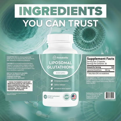 Rosabella Liposomal Glutathione 500mg – High Absorption Glutathione Supplement, Antioxidant Support, Cellular Health & Detox Support, 60 Capsules, 30 Day Supply, Daily Antioxidant Capsules